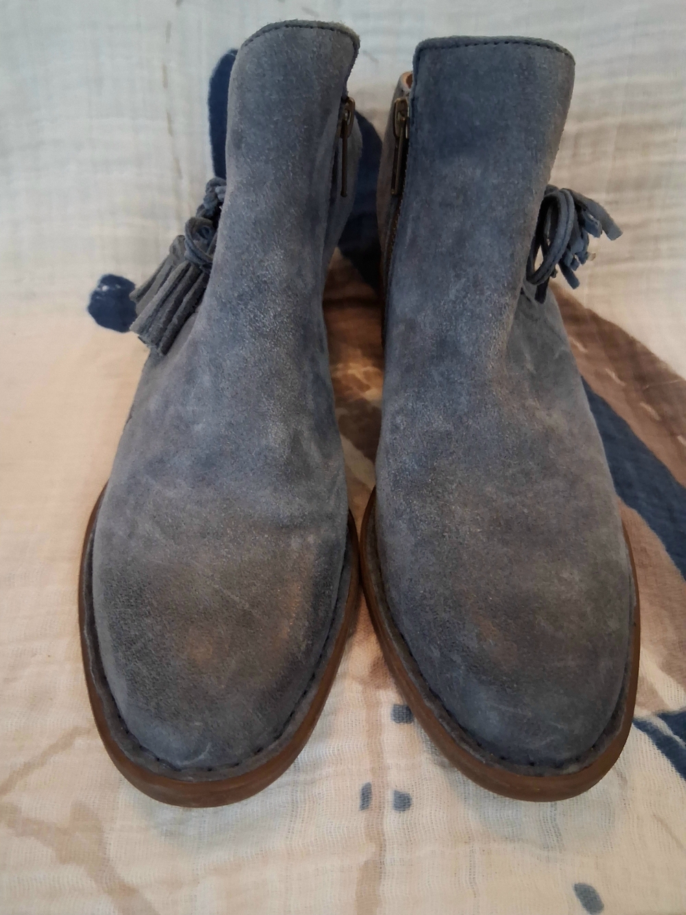 Born Blue Suede Ankle Booties with Tassel Detail